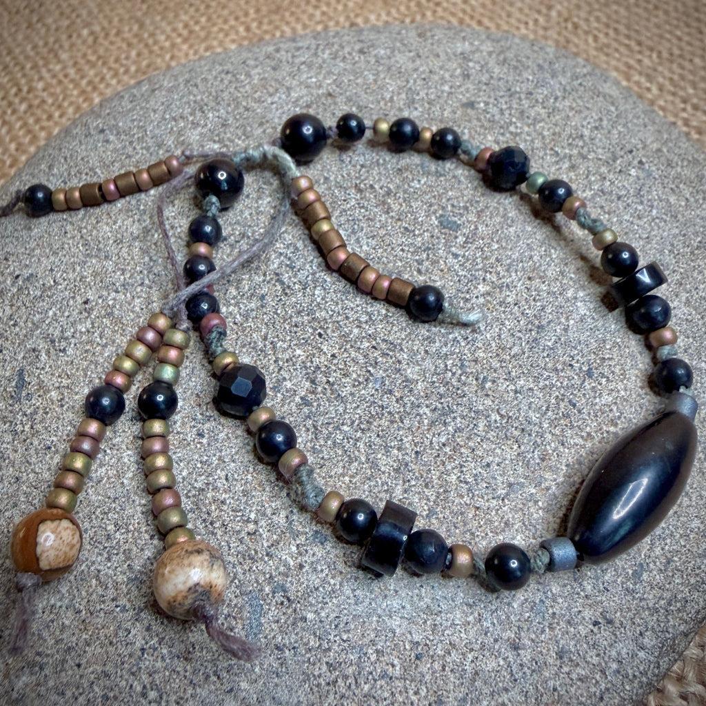 Dangly Adjustable Beaded Shungite Bracelet | Shungite Array on Camo Hemp
