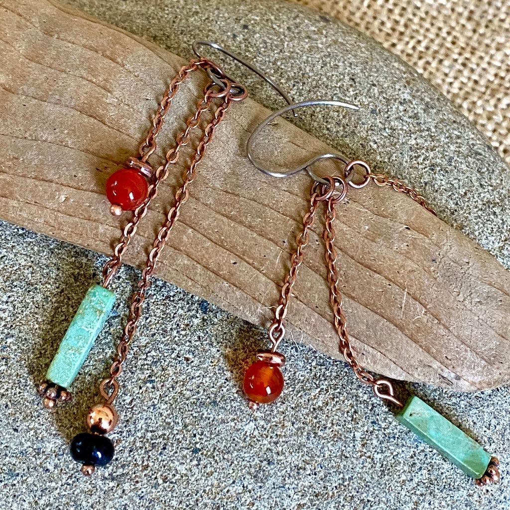 Dangly Earrings w/Vintage Turquoise Tube Beads, Carnelian, Copper