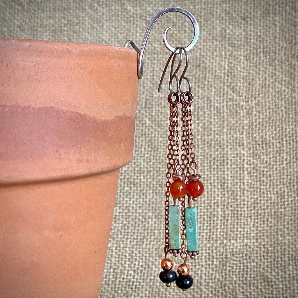 Dangly Earrings w/Vintage Turquoise Tube Beads, Carnelian, Copper