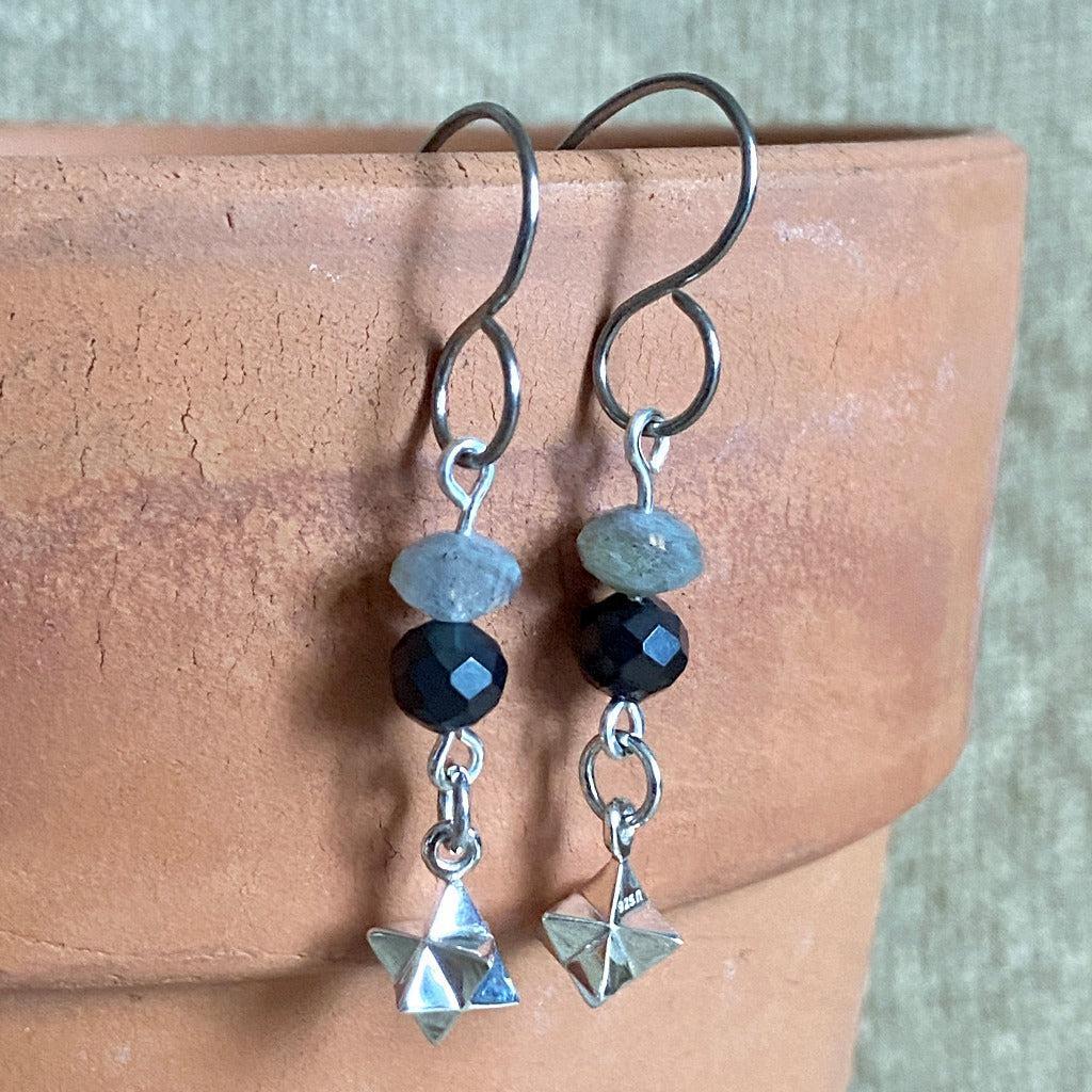 Dangly Sterling Silver Merkaba Earrings with Shungite & Labradorite