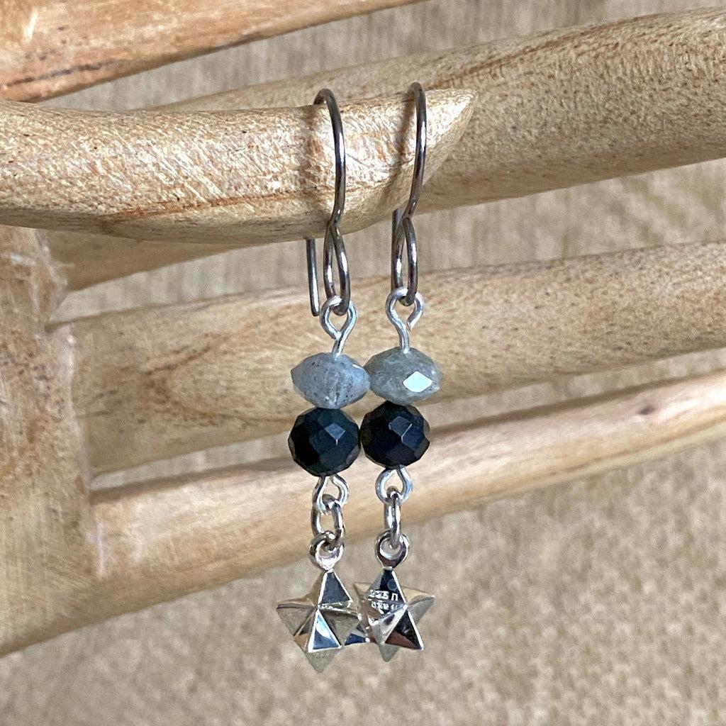 Dangly Sterling Silver Merkaba Earrings with Shungite & Labradorite