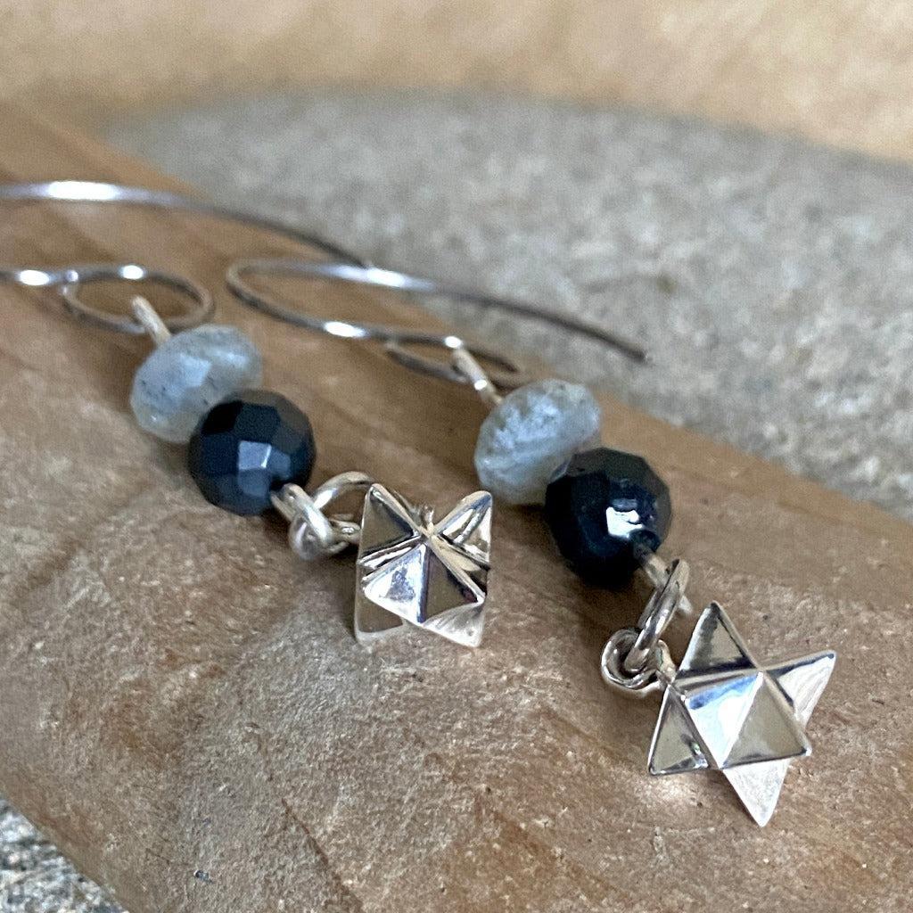 Dangly Sterling Silver Merkaba Earrings with Shungite & Labradorite