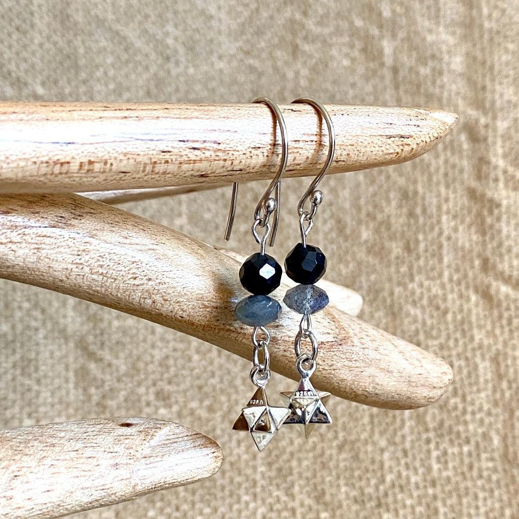 Dangly Sterling Silver Merkaba Earrings with Shungite & Labradorite