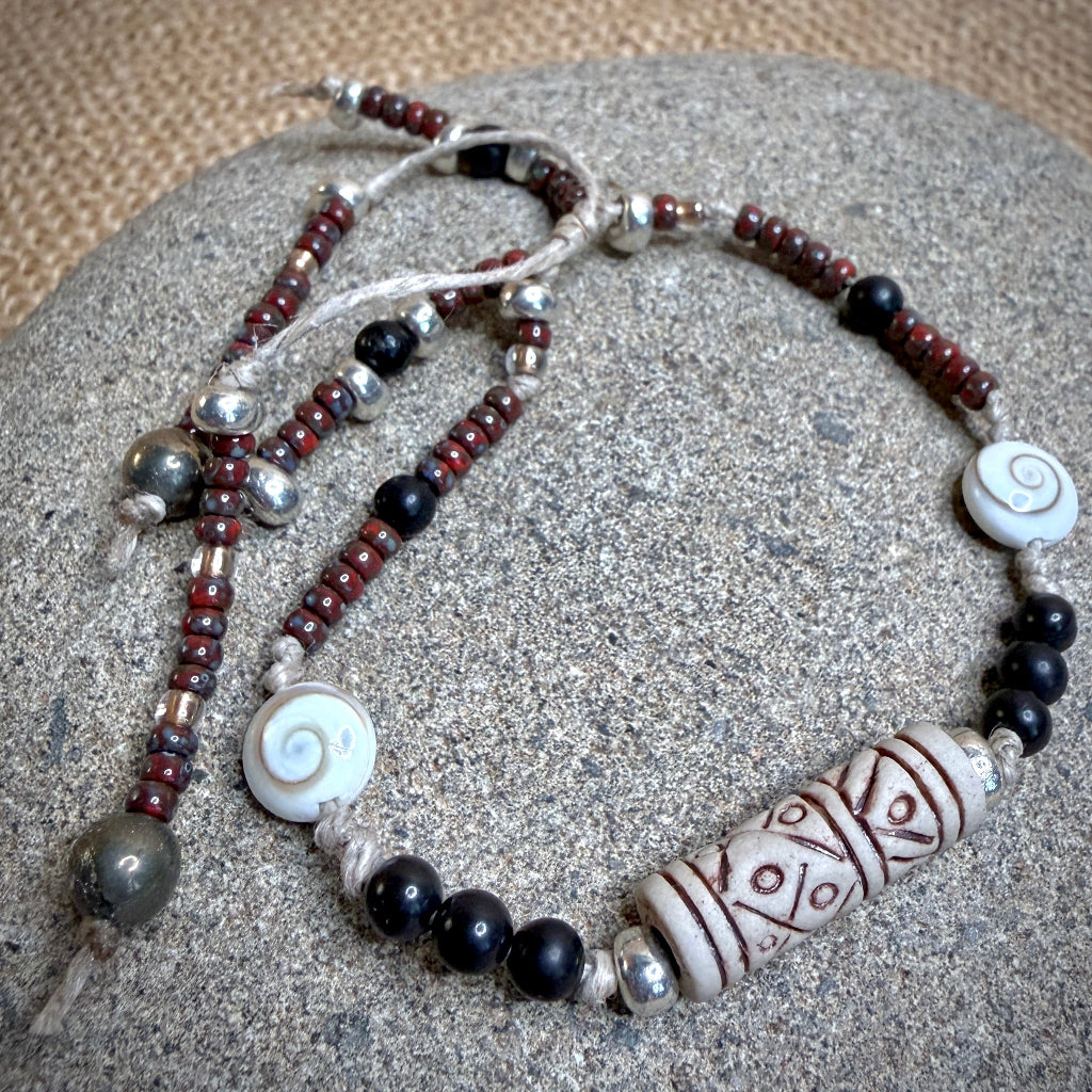 Dangly Adjustable Beaded Shungite Bracelet | Ceramic Focal & Shiva Eye