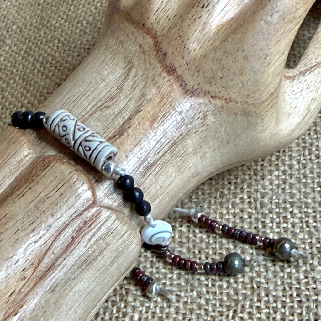 Dangly Adjustable Beaded Shungite Bracelet | Ceramic Focal & Shiva Eye 1