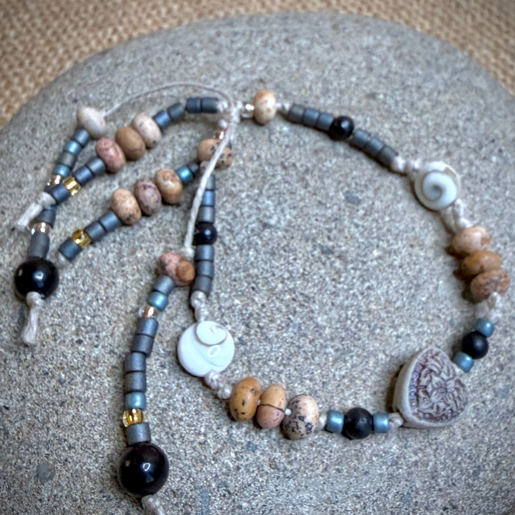 Dangly Adjustable Beaded Shungite Bracelet | Ceramic Heart Focal