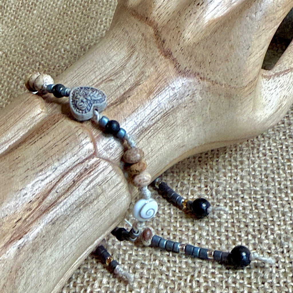 Dangly Adjustable Beaded Shungite Bracelet | Ceramic Heart Focal 1