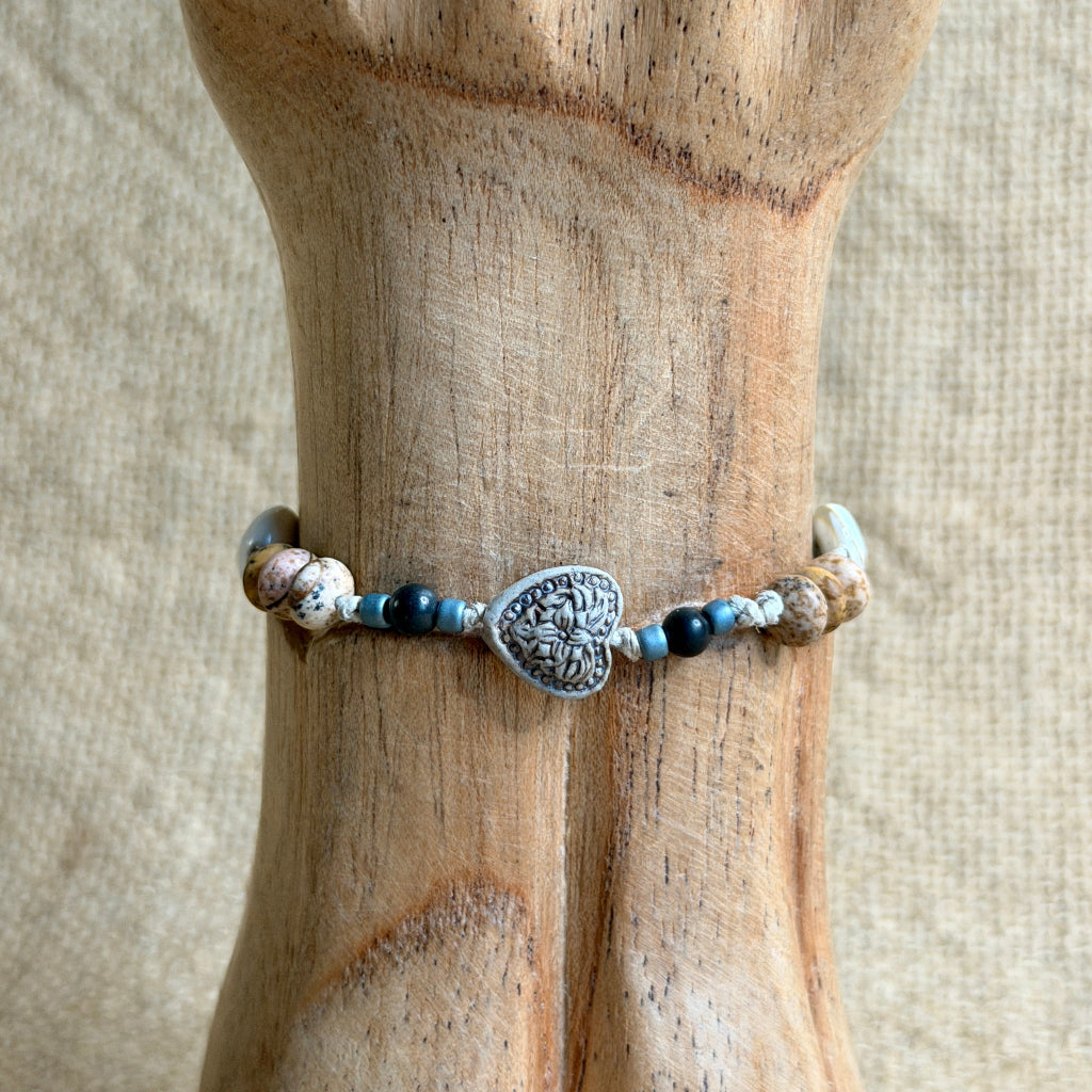 Dangly Adjustable Beaded Shungite Bracelet | Ceramic Heart Focal 3