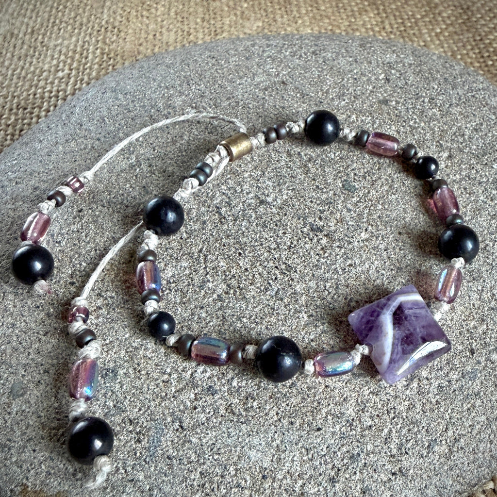 Dangly Adjustable Beaded Shungite Bracelet | Chevron Amethyst