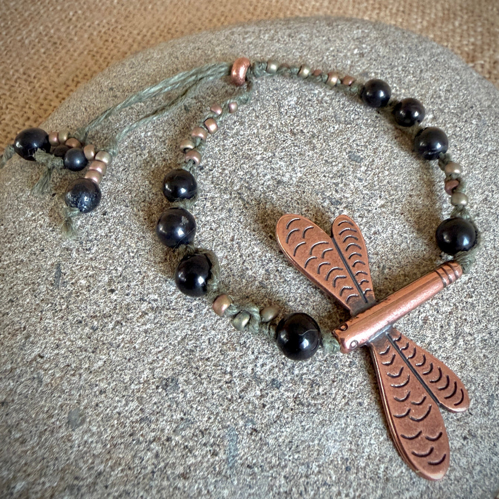 Dangly Adjustable Beaded Shungite Bracelet | Copper Dragonfly