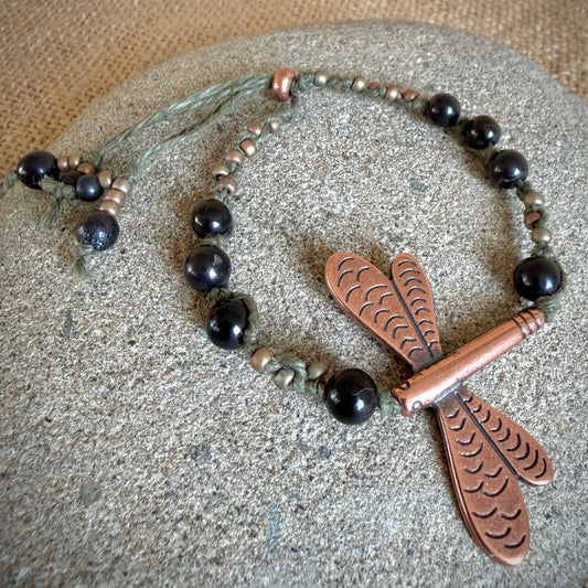 Dangly Adjustable Beaded Shungite Bracelet | Copper Dragonfly