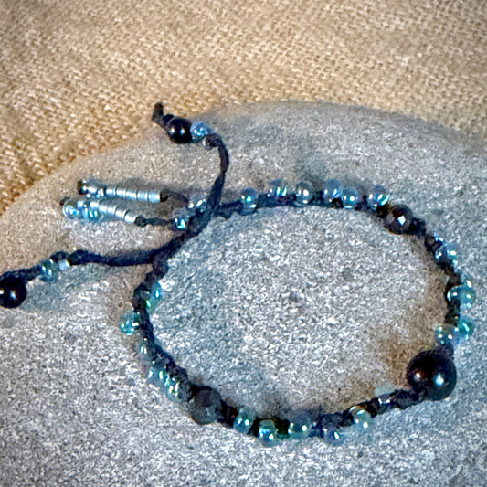 Dangly Adjustable Beaded Shungite Bracelet | Iridescent Blue Glass