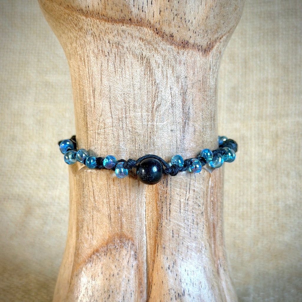 Dangly Adjustable Beaded Shungite Bracelet | Iridescent Blue Glass 1