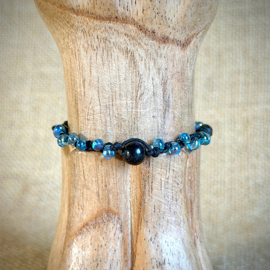 Dangly Adjustable Beaded Shungite Bracelet | Iridescent Blue Glass 1