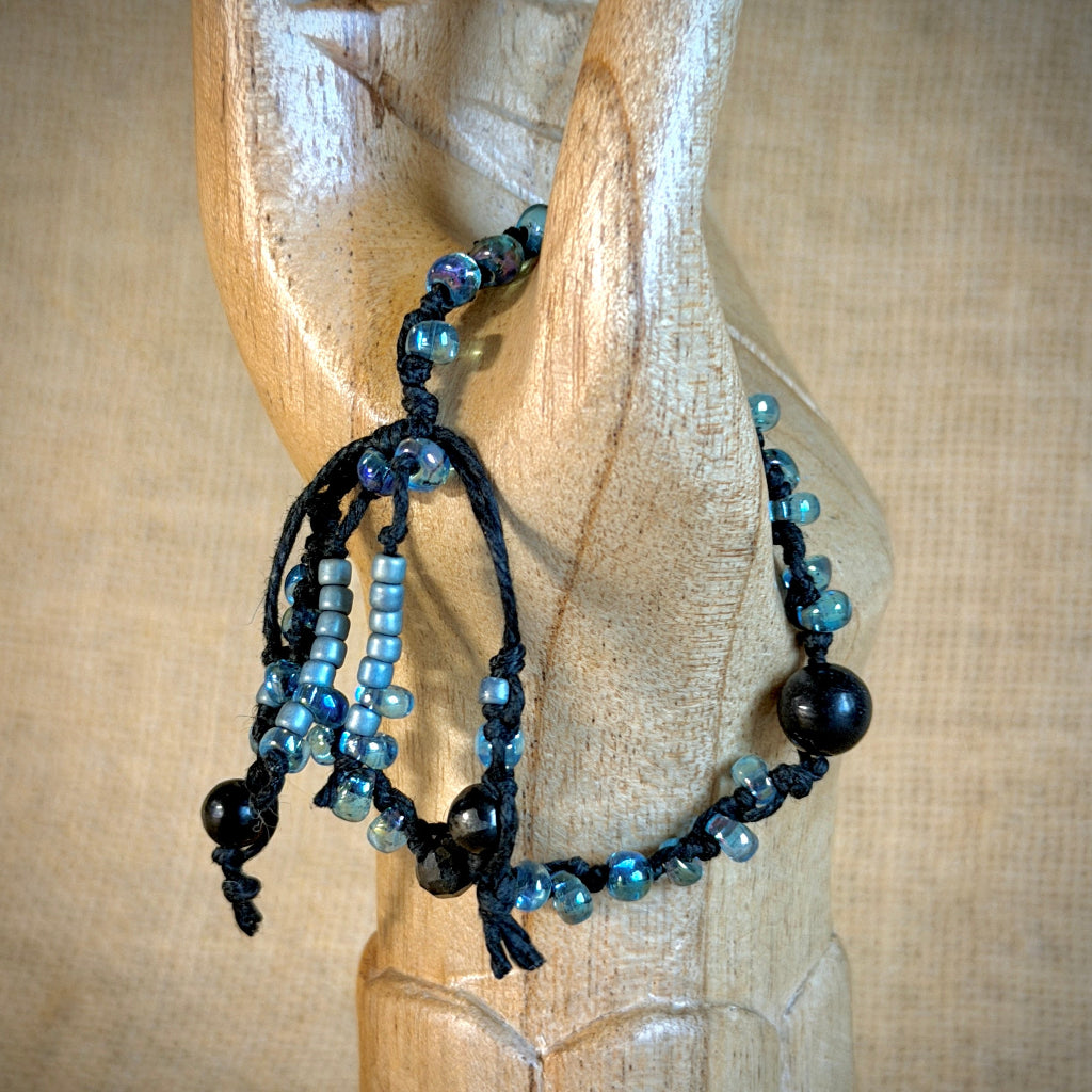 Dangly Adjustable Beaded Shungite Bracelet | Iridescent Blue Glass 3