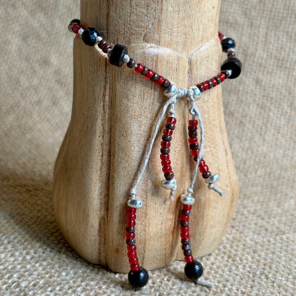 Dangly Adjustable Beaded Shungite Bracelet | Red & Black, Linen Cord 2