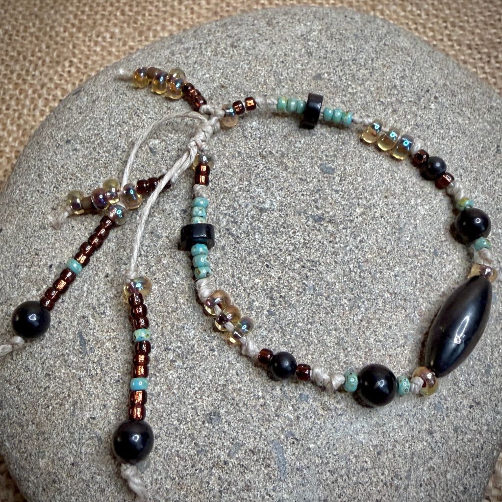 Dangly Adjustable Beaded Shungite Bracelet | Turquoise & Gold Glass