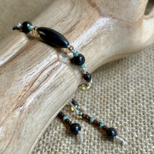 Dangly Adjustable Beaded Shungite Bracelet | Turquoise & Gold Glass 1