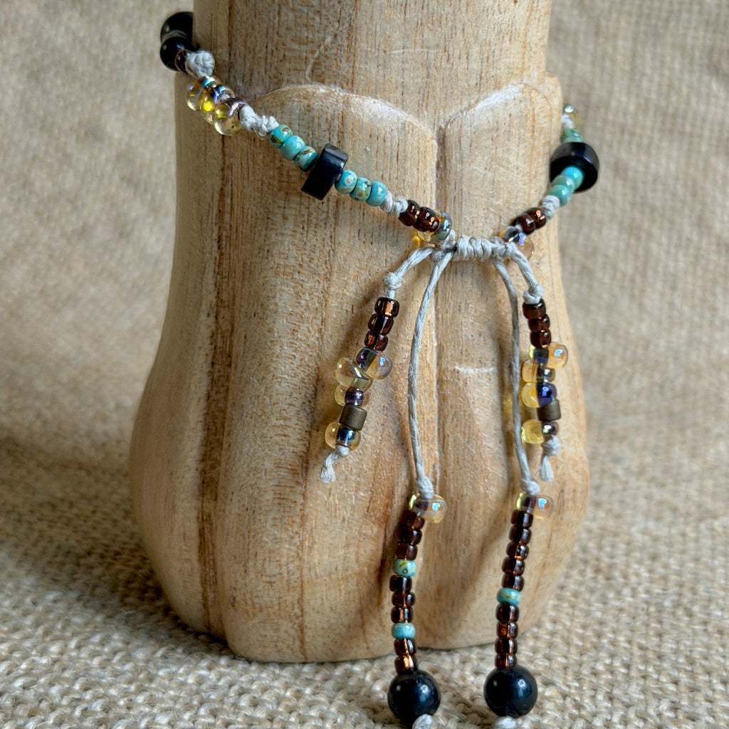 Dangly Adjustable Beaded Shungite Bracelet | Turquoise & Gold Glass 3