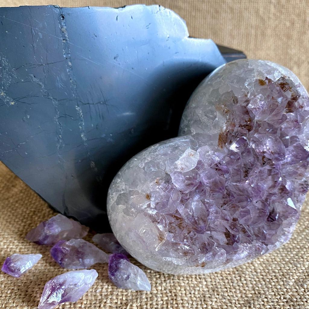 Druzy Agate Heart & Amethyst Points on Irregular Shungite Slab