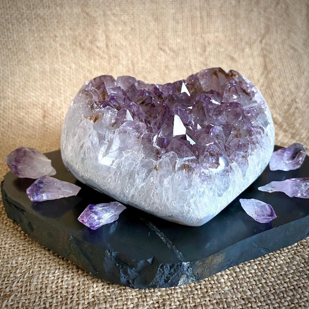 Druzy Agate Heart & Amethyst Points on Irregular Shungite Slab