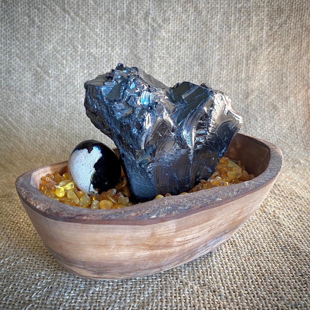 Elite Shungite Nugget 164g | Olive Wood Bowl, Baltic Amber