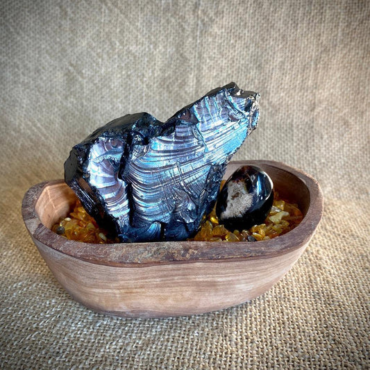 Elite Shungite Nugget 164g | Olive Wood Bowl, Baltic Amber
