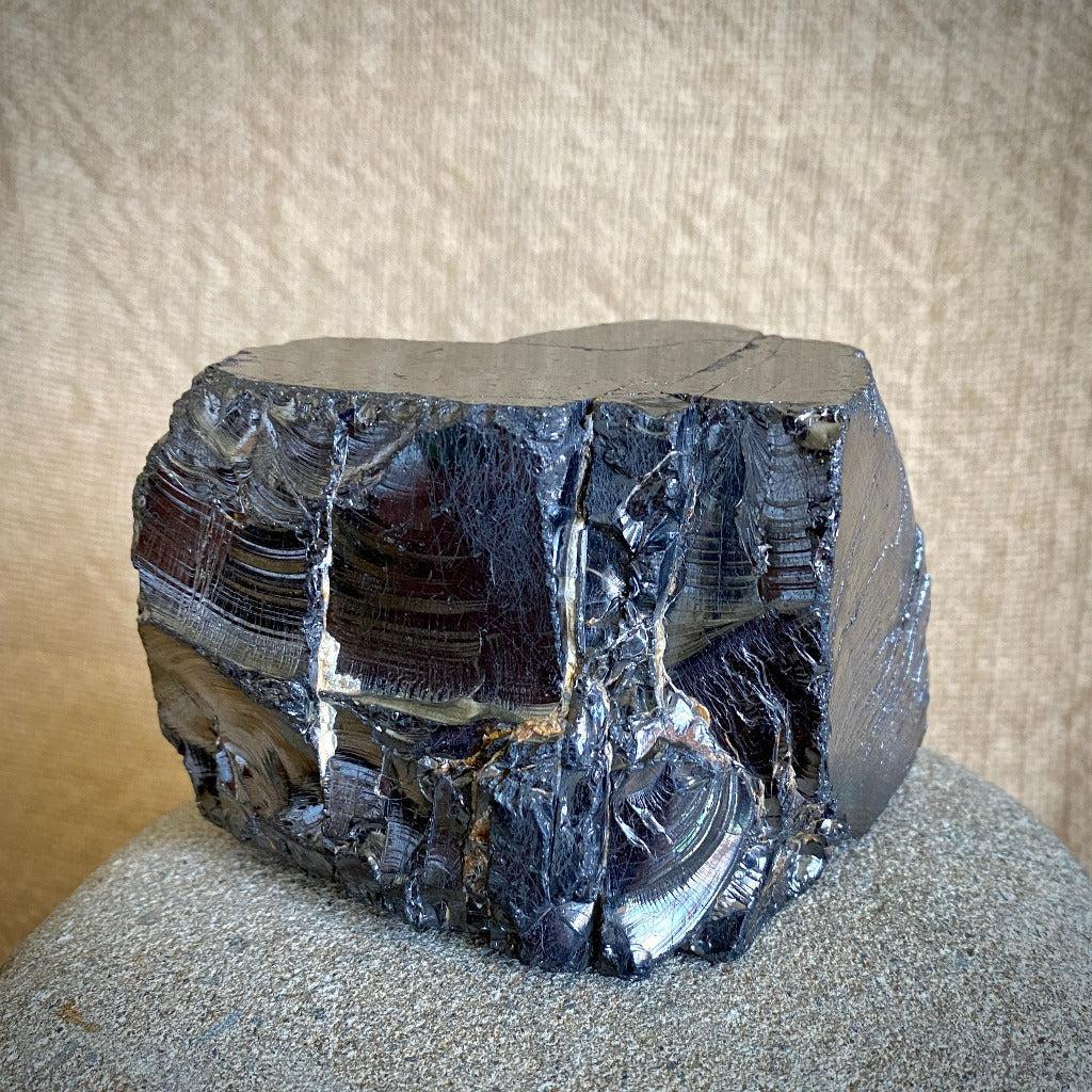 Elite Shungite Nugget 338g, Raw Malachite, Mahogany Wood Stand