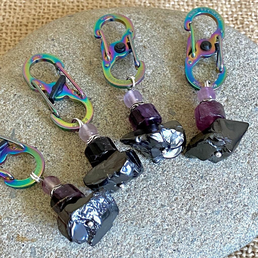 Elite Shungite & Purple Fluorite Clip-On, Stainless Steel Carabiner