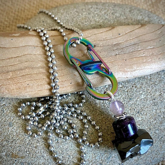 Elite Shungite & Purple Fluorite Clip-On, Stainless Steel Carabiner