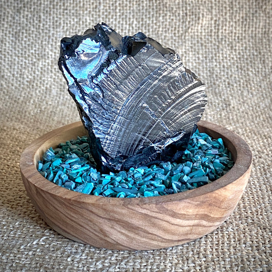 Elite Shungite Nugget 52g | Olive Wood Bowl, Malachite