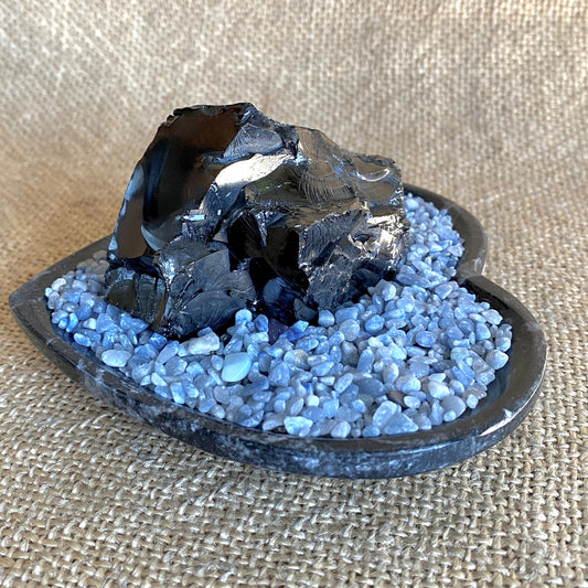 Elite Shungite Nugget 70g | Orthoceras Heart Bowl, Blue Aventurine