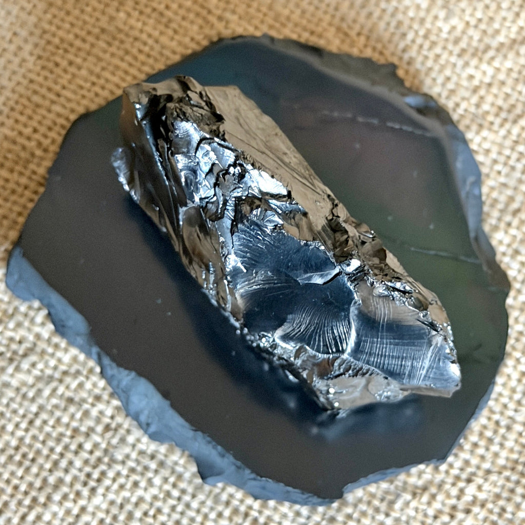 Elite Shungite Nugget 80g | On Black Shungite Slab 2