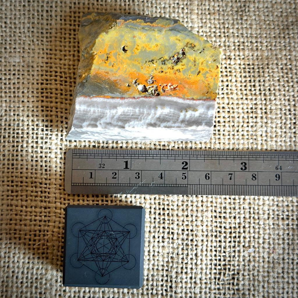Engraved Shungite Metatron's Cube on Bumblebee Jasper Slab