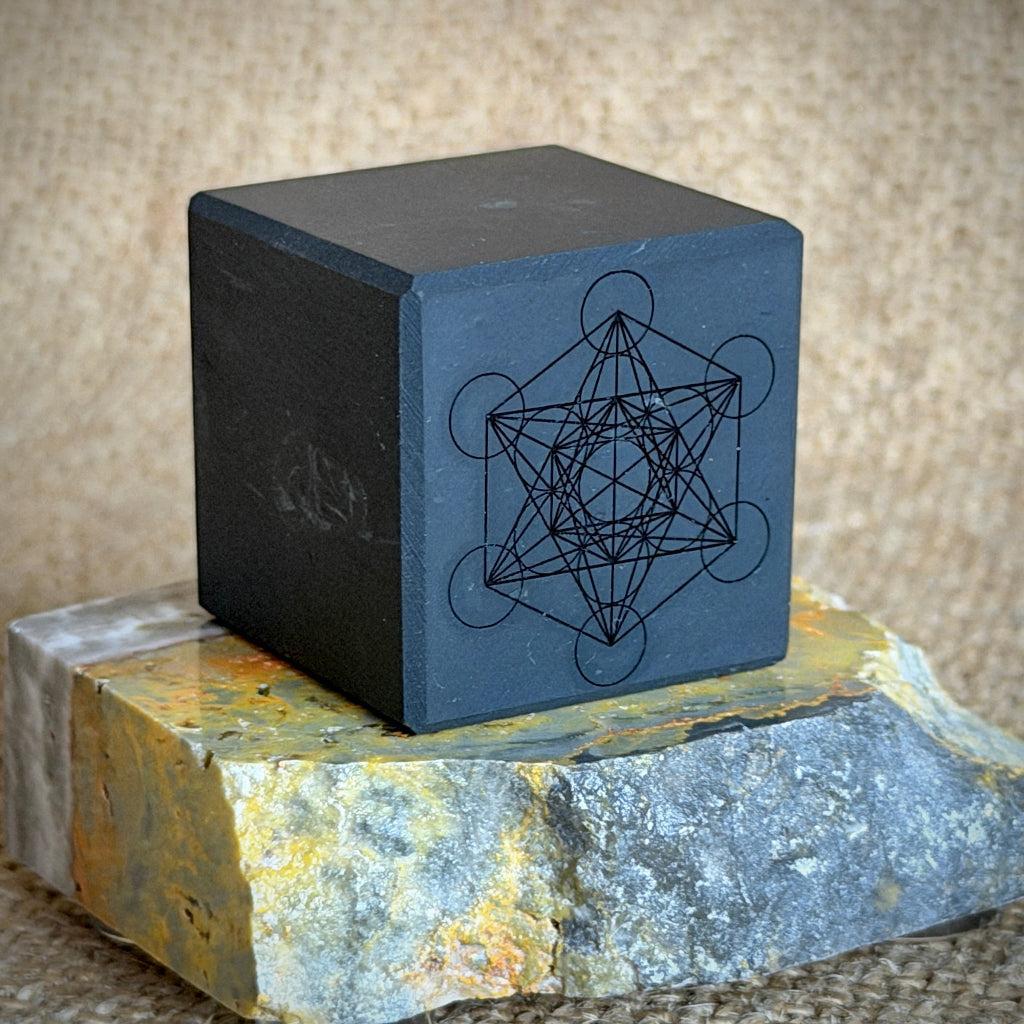 Engraved Shungite Metatron's Cube on Bumblebee Jasper Slab