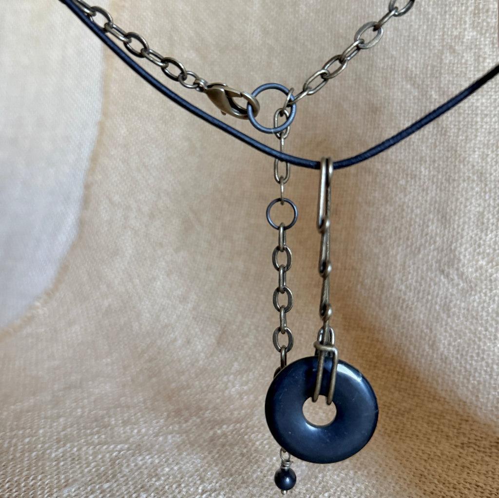 Funky Shungite Donut Necklace | Brass Safety Pin Bail, Adjustable