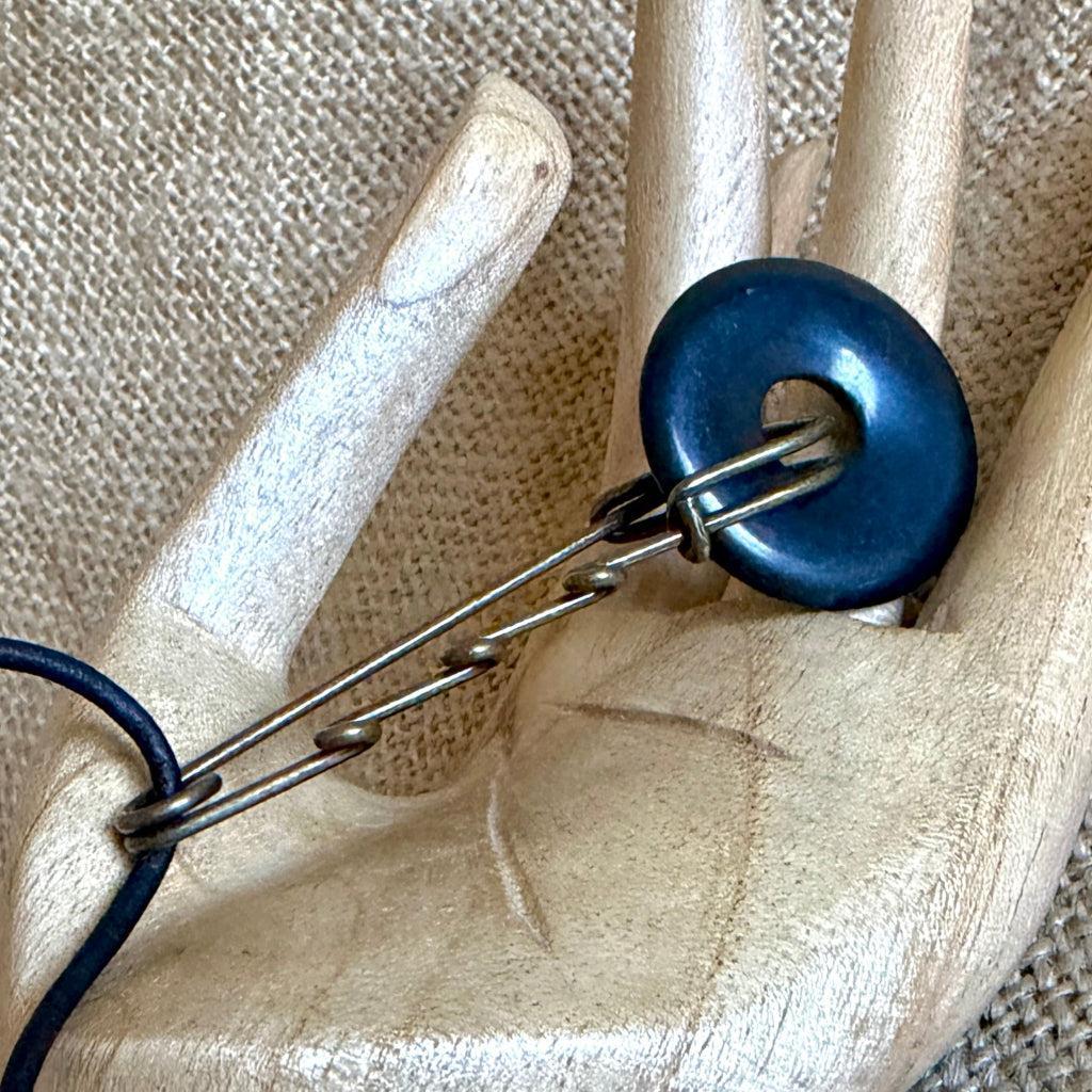 Funky Shungite Donut Necklace | Brass Safety Pin Bail, Adjustable