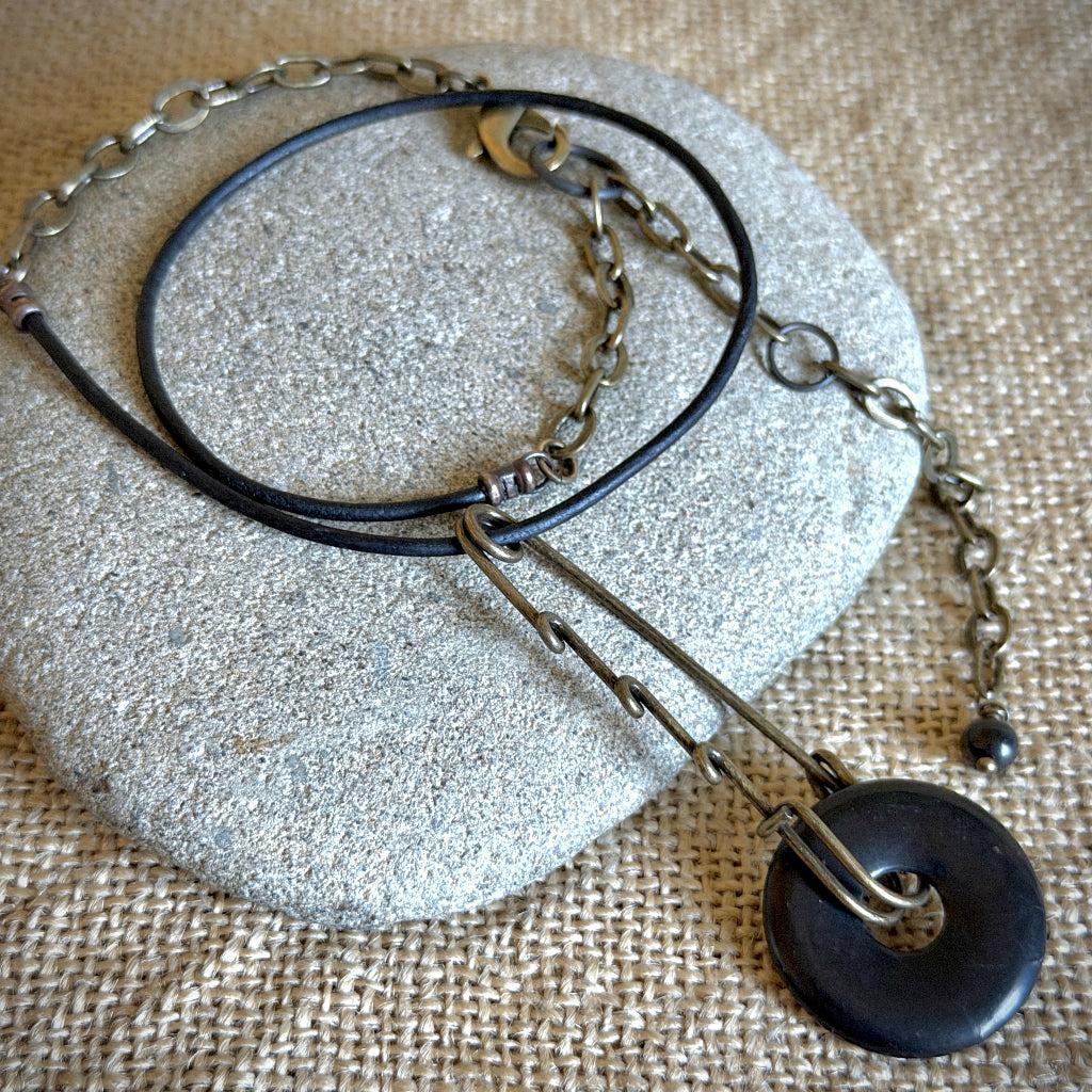 Funky Shungite Donut Necklace | Brass Safety Pin Bail, Adjustable