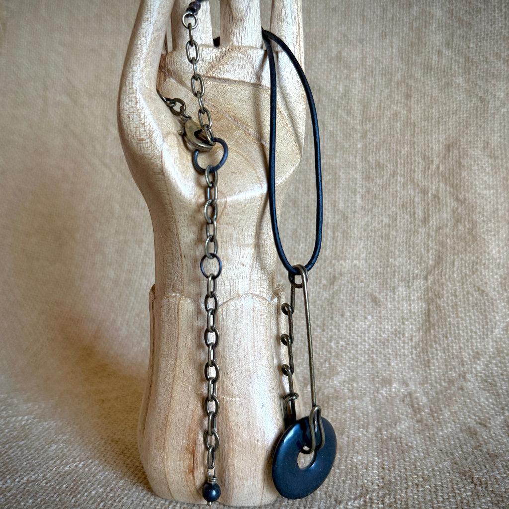 Funky Shungite Donut Necklace | Brass Safety Pin Bail, Adjustable