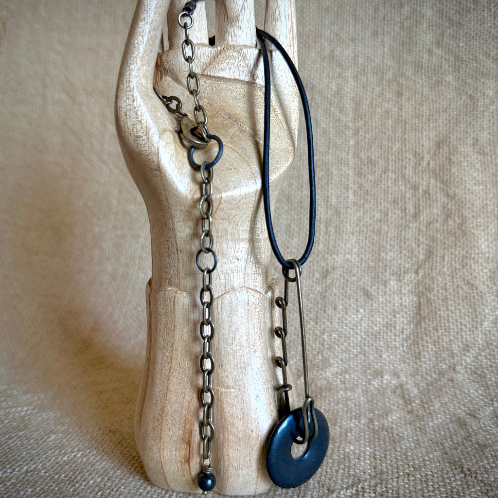 Funky Shungite Donut Necklace | Brass Safety Pin Bail, Adjustable