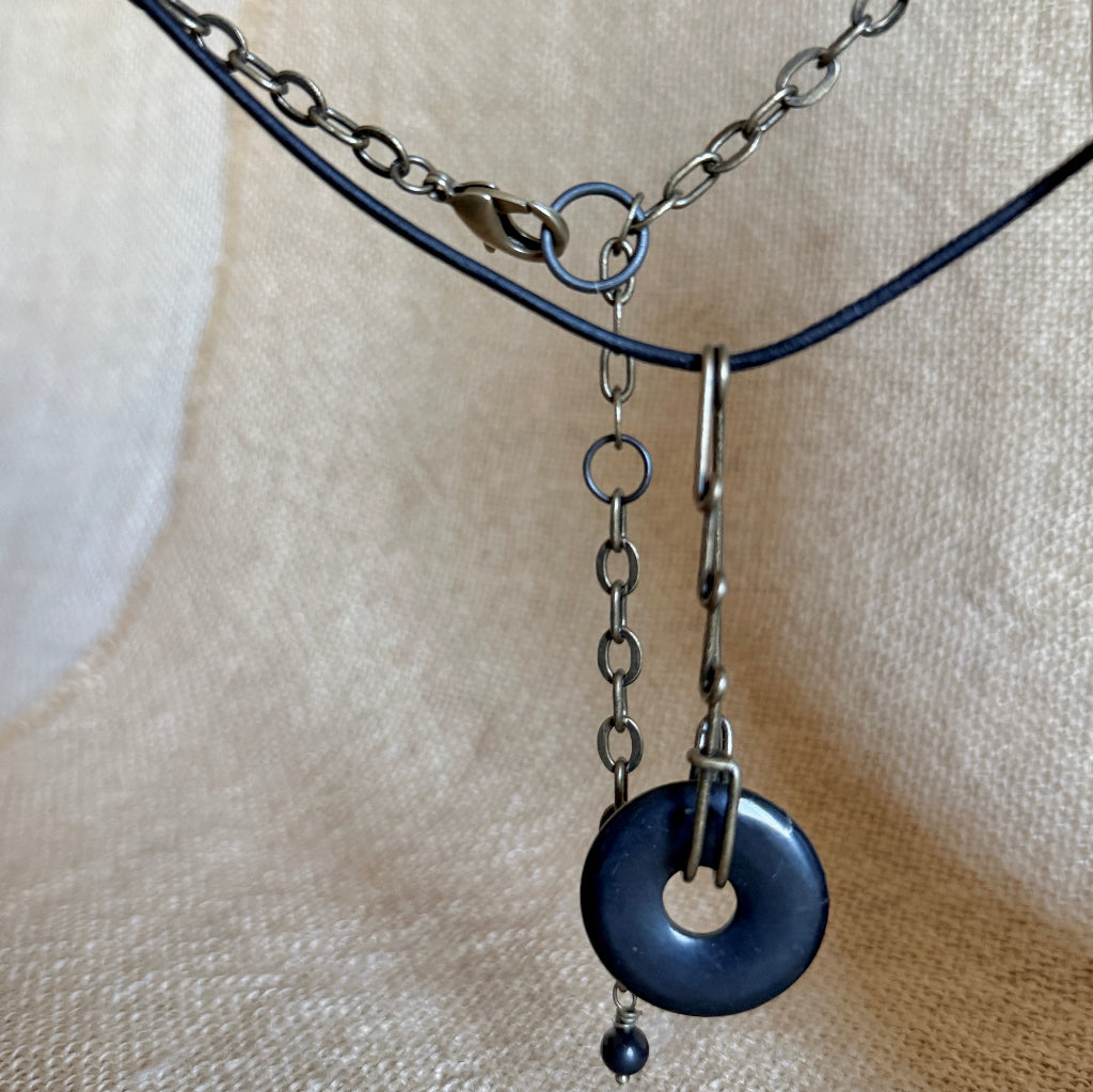 Funky Shungite Donut Necklace | Brass Safety Pin Bail, Adjustable 2