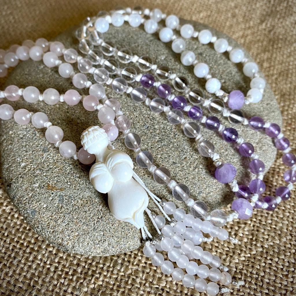 Goddess Mala Necklace with Rose Quartz, Amethyst, and Moonstone Beads