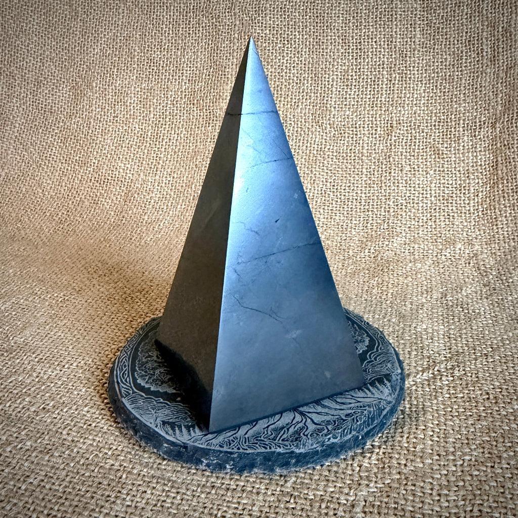 High Shungite Pyramid, 50mm Base | Tree of Life Slate Stand