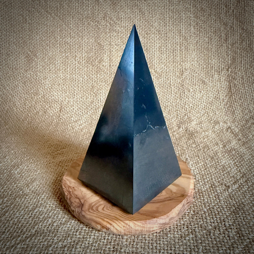 High Shungite Pyramid, 50mm Square Base | Olive Wood Stand