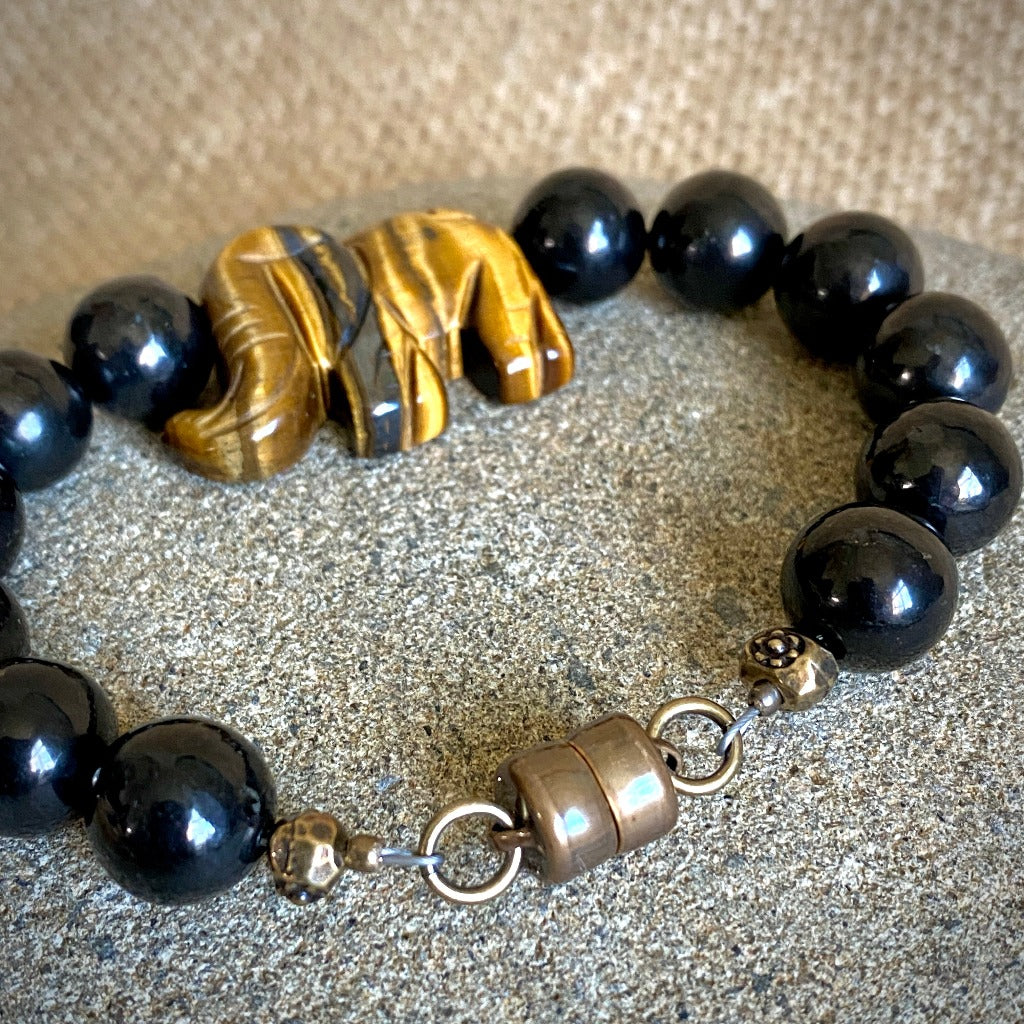 Shungite Bracelet, Yellow Tiger's Eye Elephant Bead, Brass