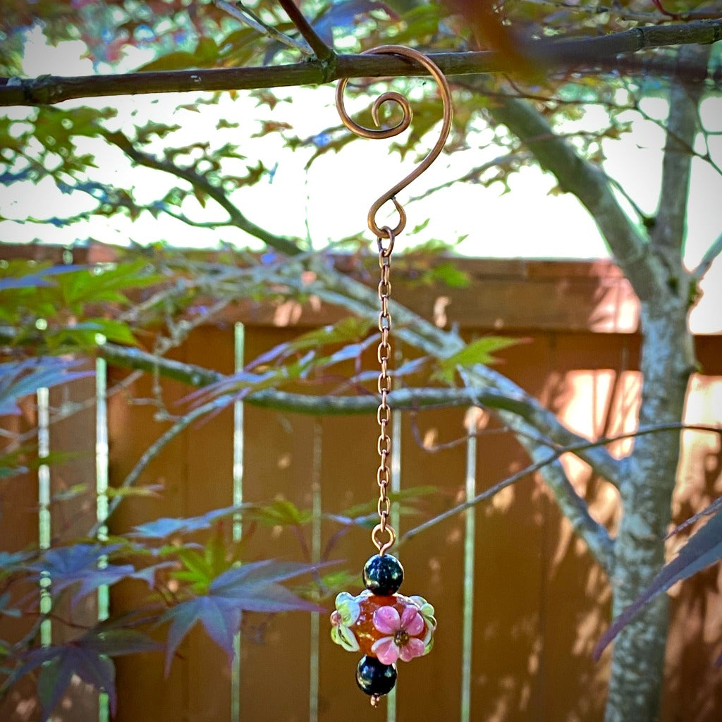 Shungite Garden Dangle with Lampwork Flower Bead on Copper Hook