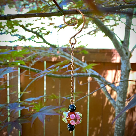 Shungite Garden Dangle with Lampwork Flower Bead on Copper Hook