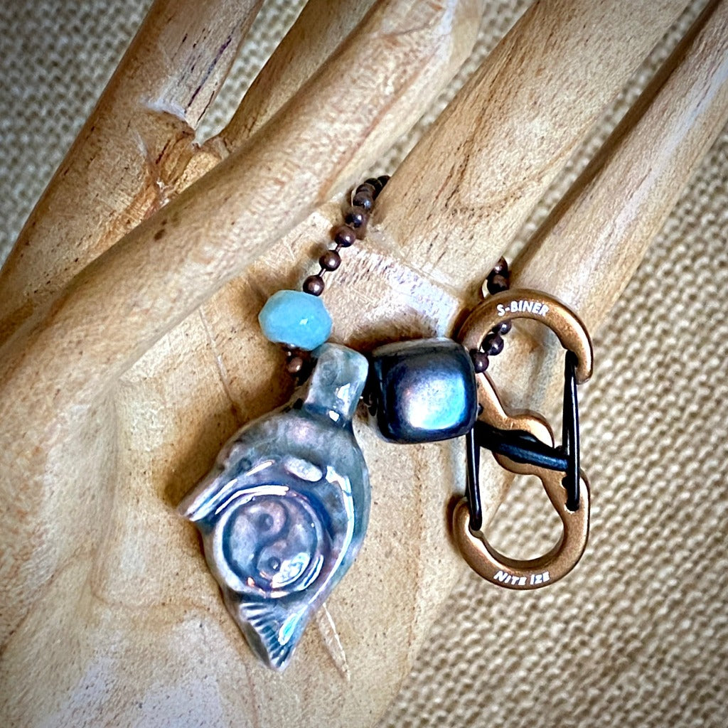 Raku Dolphin Yin Yang Bead, Amazonite Bead & Shungite Cube Clip-On