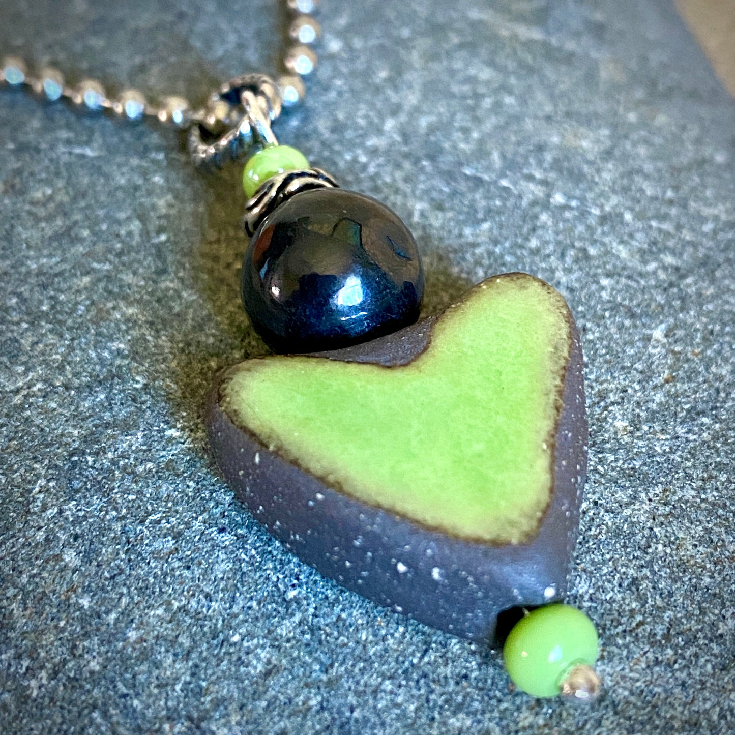 Green Stoneware Heart Pendant with Shungite Bead on Silver Ball Chain
