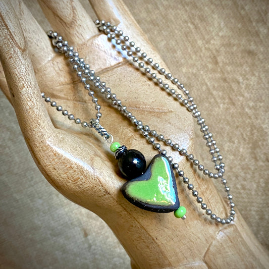 Green Stoneware Heart Pendant with Shungite Bead on Silver Ball Chain